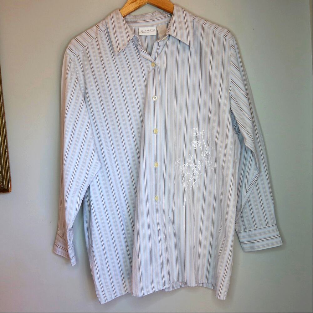 Elisabeth Liz Claiborne Striped Button Down Shirt Floral Embroidered Sz 1X